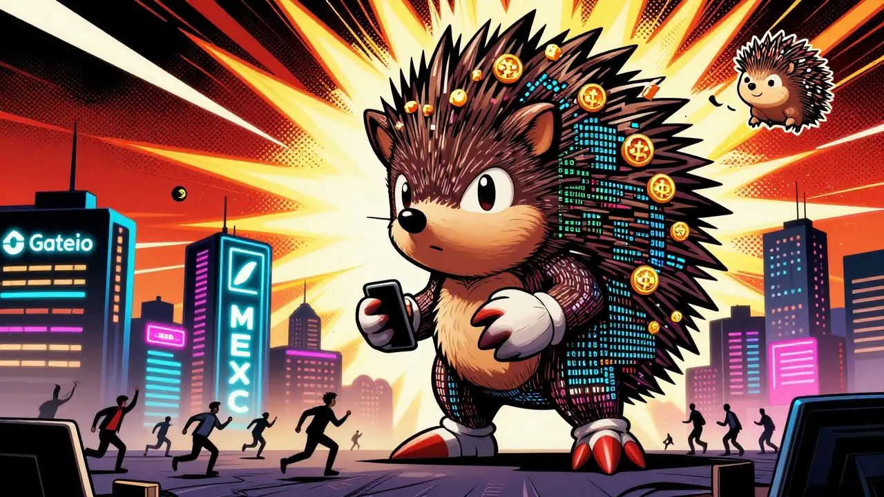 A massive blockchain hedgehog towers over crypto exchange buildings as traders scramble below in a viral meme storm.