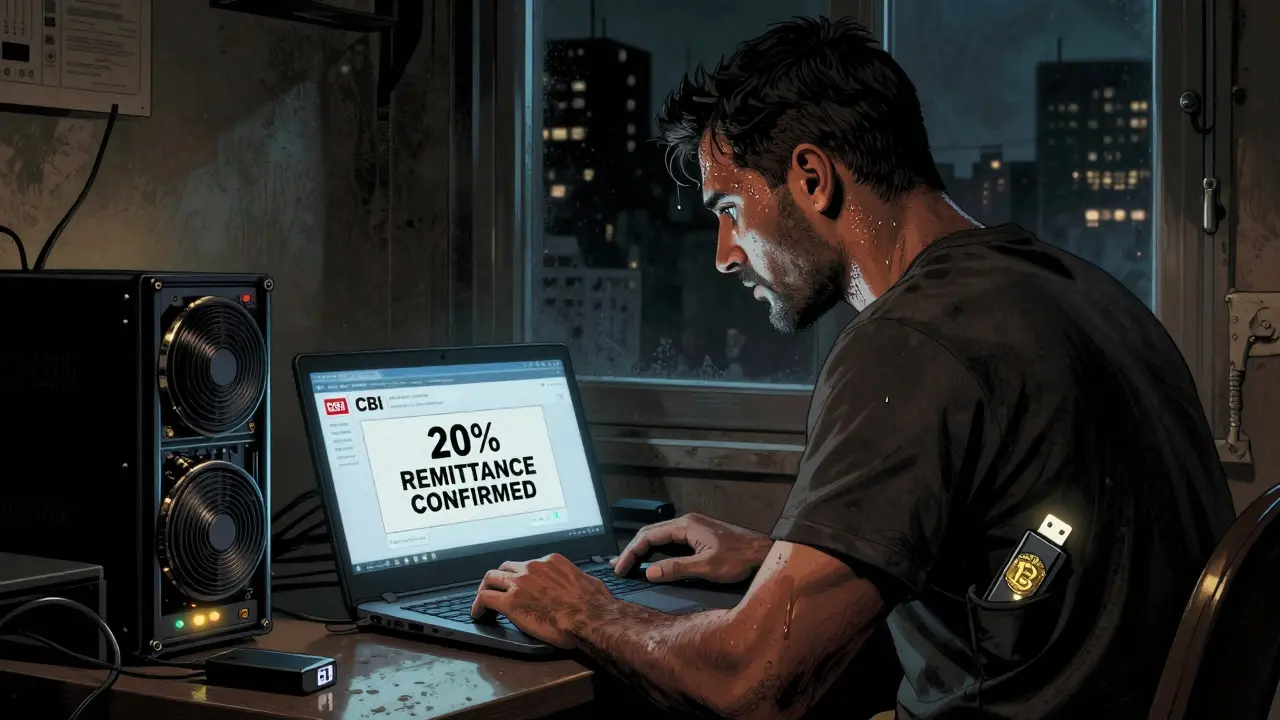 A miner watches as 20% of his mined Bitcoin is automatically sent to the central bank, power outages looming outside.