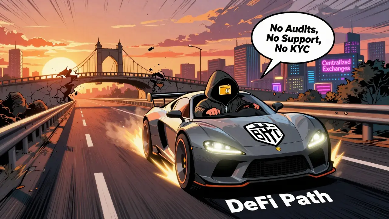 A prototype car labeled BBTC drives toward a crumbling bridge marked 'No Audits, No Support, No KYC'.