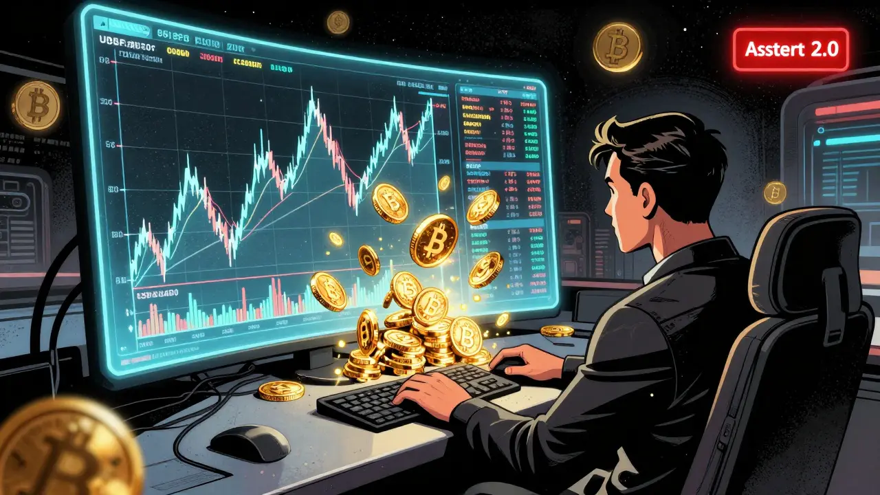A trader using USDF for 50x leveraged ETH trade with asUSDF tokens multiplying beside a holographic trading interface.