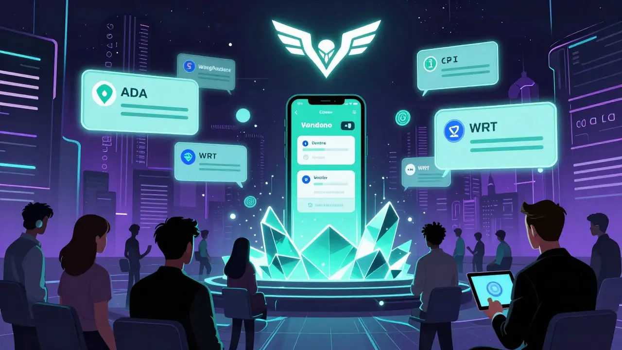A vibrant Cardano DeFi hub at night with users staking, farming, and trading under a glowing WingRiders logo.