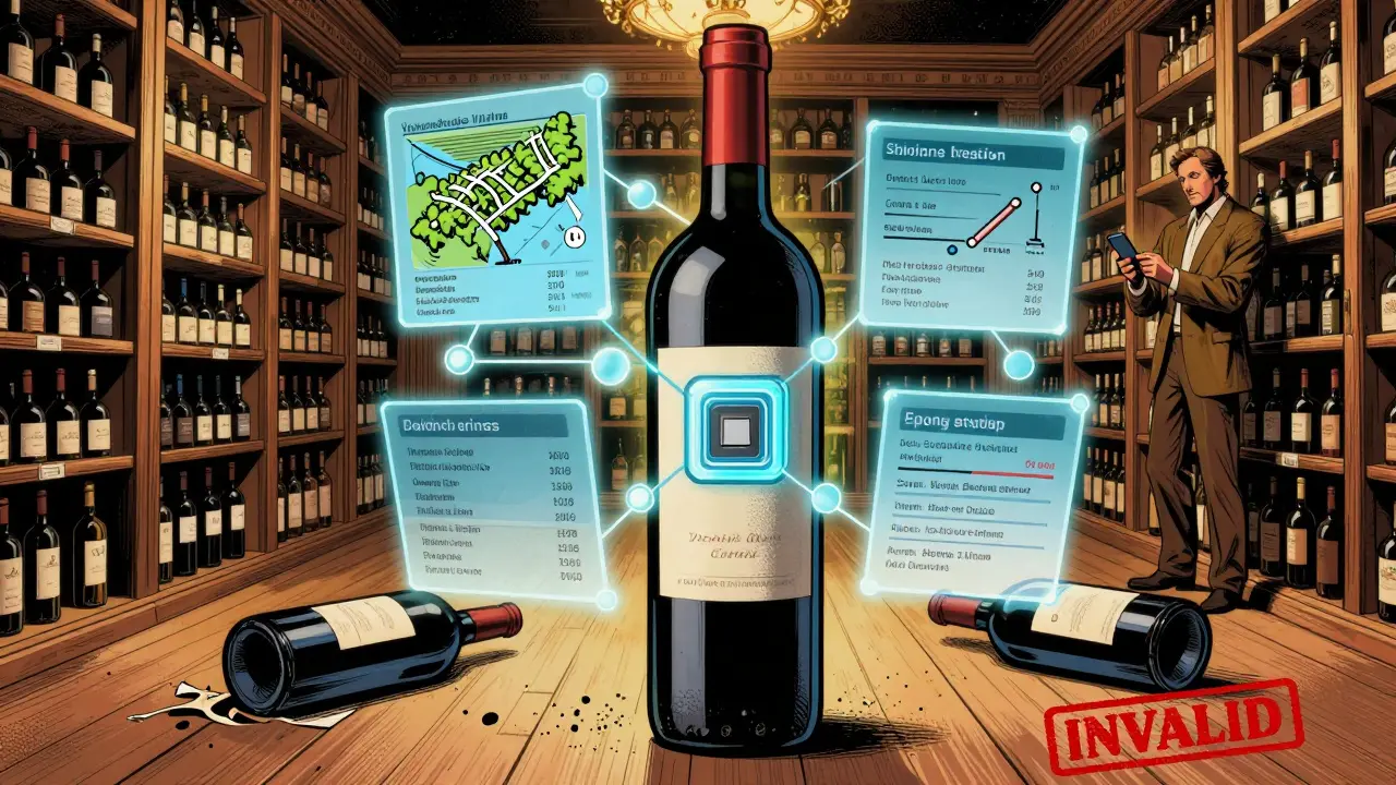 A wine bottle with holographic blockchain data floating around it, while a counterfeit bottle is discarded.