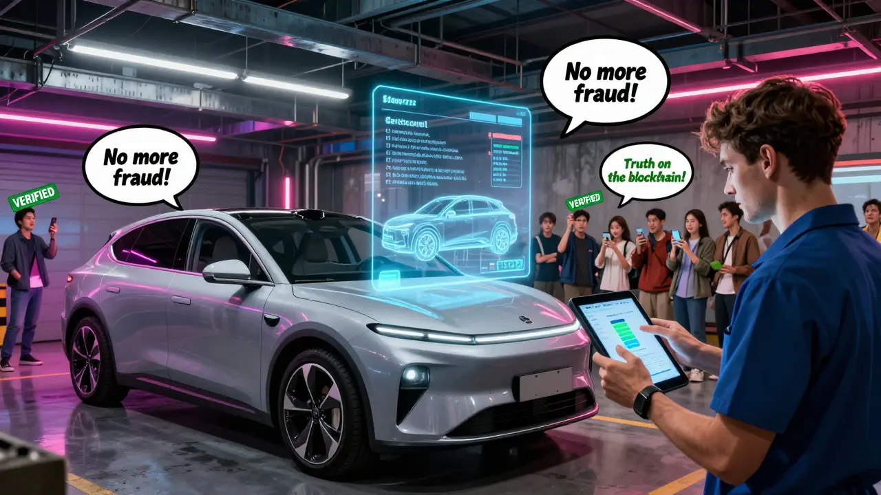 An electric SUV with a holographic NFT showing its service history, verified by a mechanic scanning it with a tablet.
