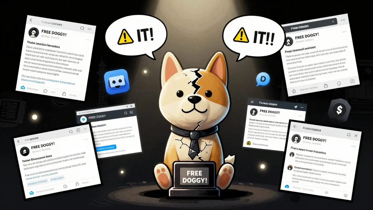 An investor holds a cracked DOGGY NFT as scam websites and fake bots swarm around, while real crypto projects glow in the distance.