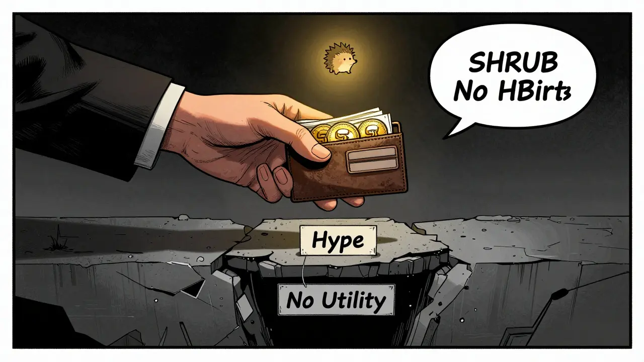 An investor stands on a crumbling 'Hype' platform above a 'No Utility' pit, holding SHRUB tokens under a glowing hedgehog icon.