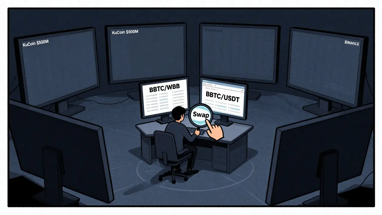 An isolated trading floor with only two active token pairs, surrounded by empty screens of major exchanges.