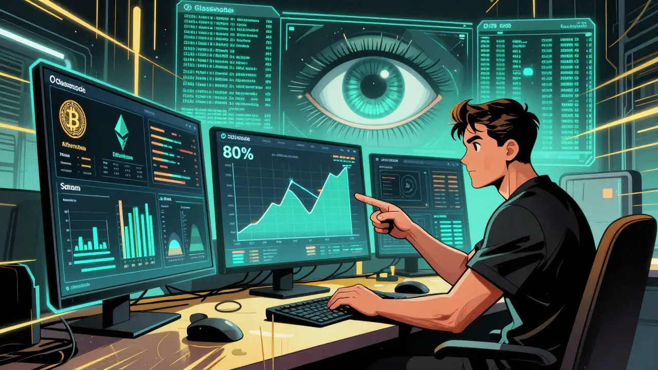 Analyst surrounded by holographic crypto dashboards tracking cross-chain movements and AI-powered wallet labels.