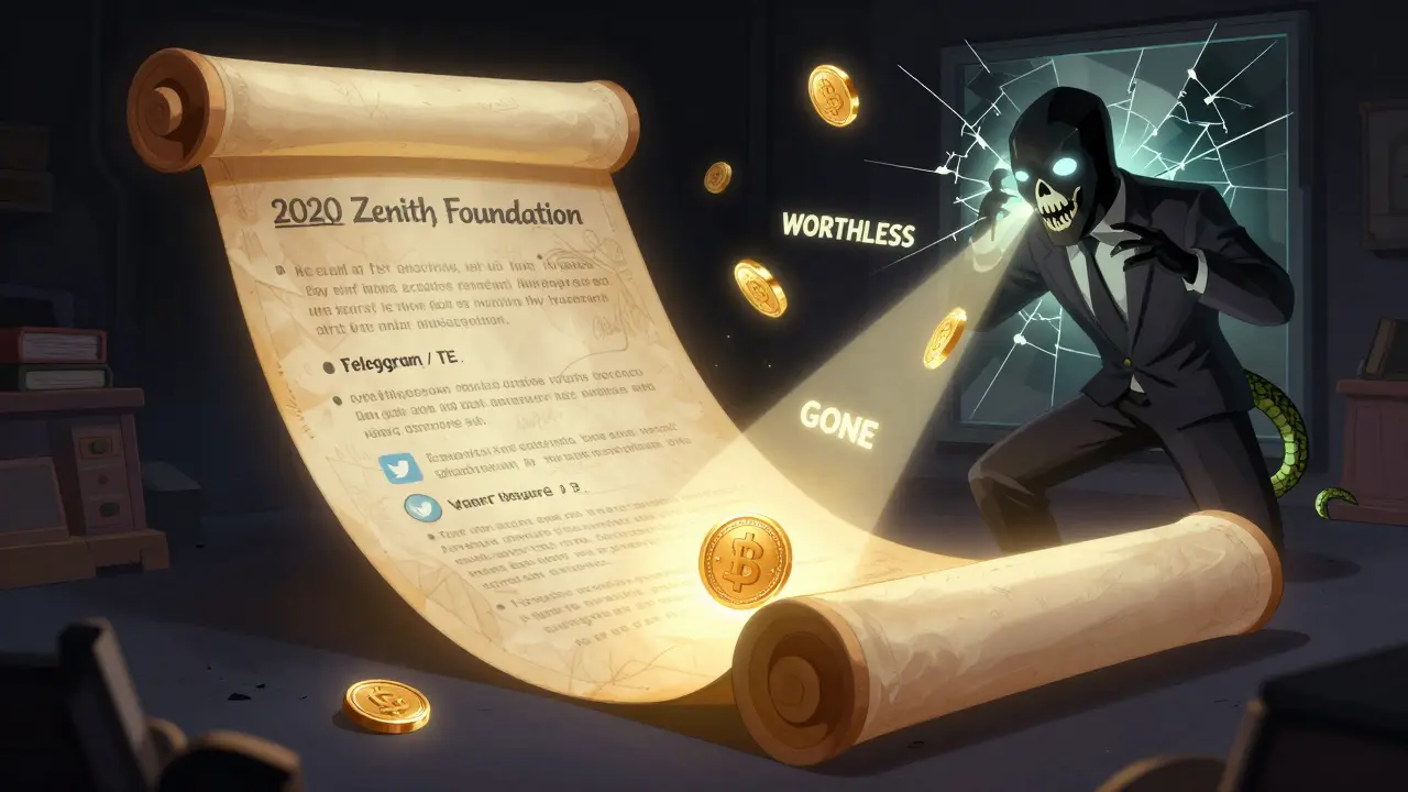 Ancient blockchain scroll with 2020 airdrop rules, scammer with snake tail trying to steal it.