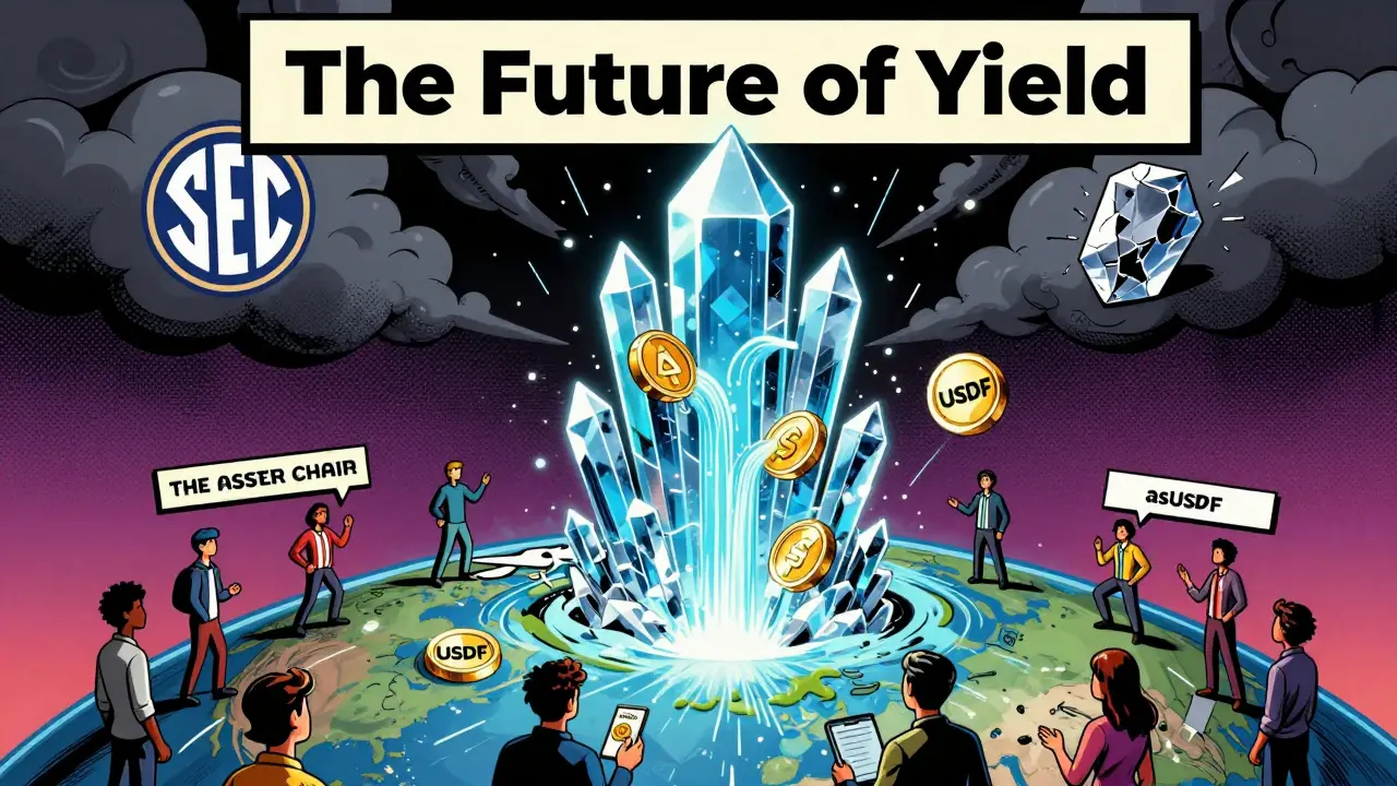 Aster Chain blockchain tower glowing with USDF and asUSDF flows, users staking below, regulatory cloud and cracked oracle above.