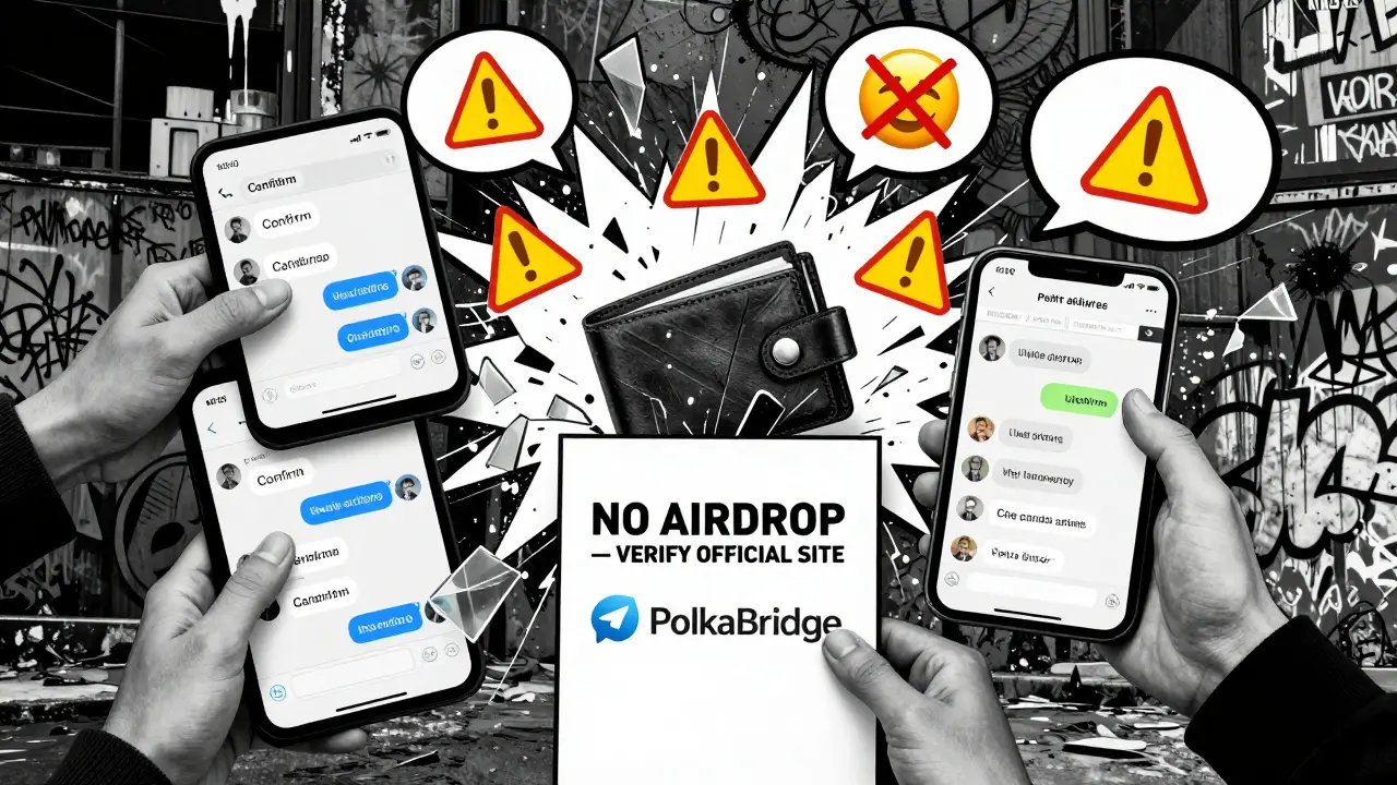 Chaotic Telegram group with wallet theft and official warning poster against airdrop scams.