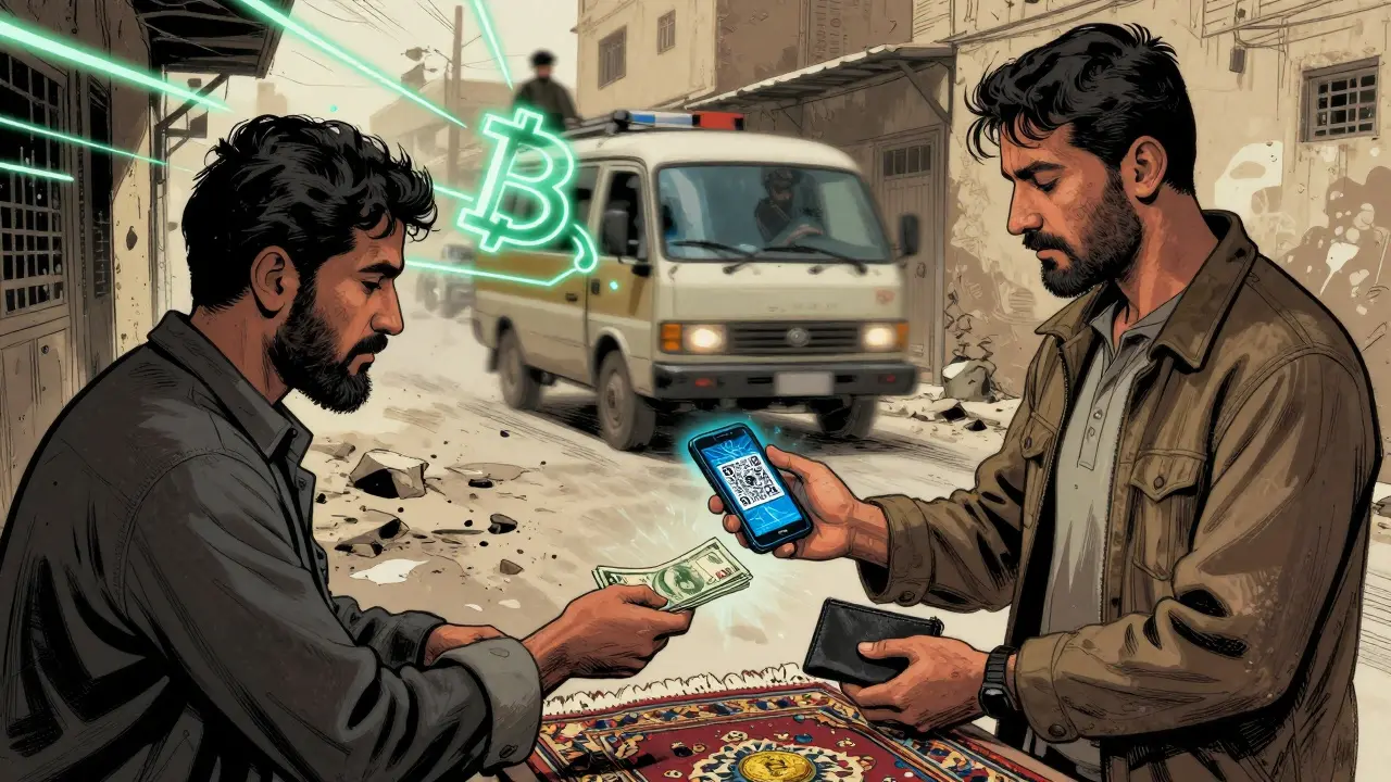 Clandestine crypto trade in Kabul alley, cash exchanged for QR code, Taliban van passing in background.