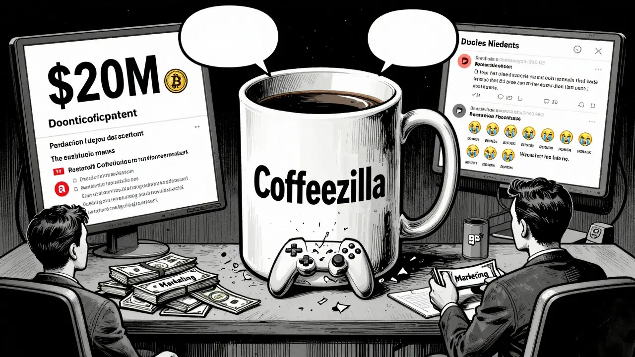 Coffeezilla confronting a fraudster in court surrounded by floating crypto transaction screens and Reddit grief.