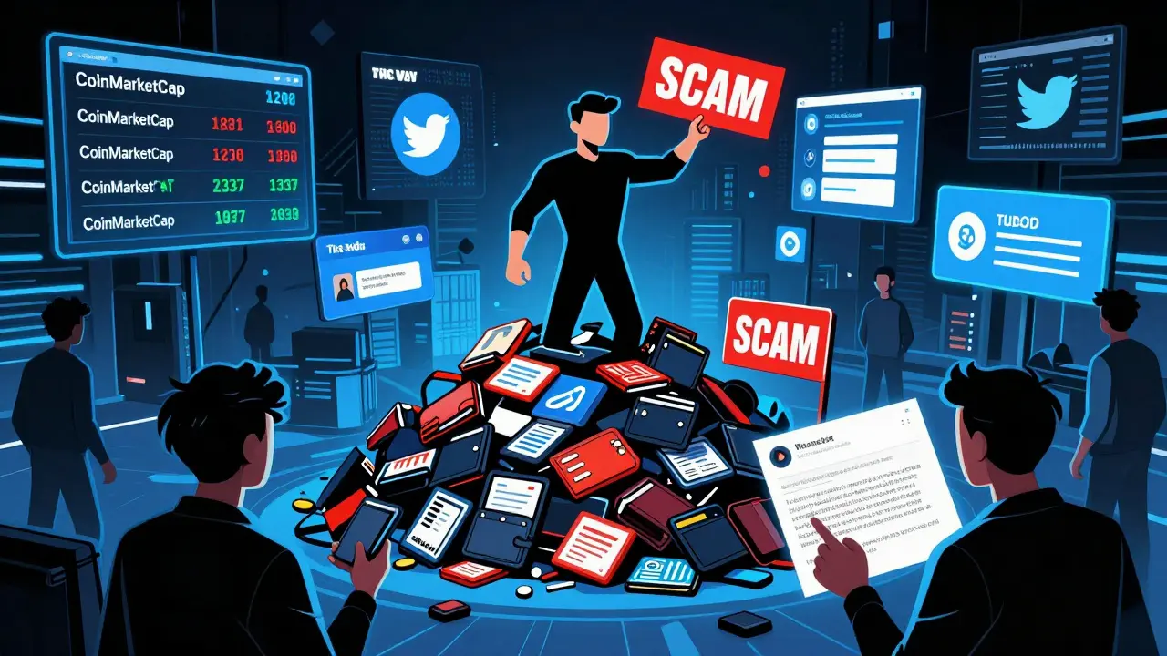 Crowded digital battlefield with crypto social media screens, a hero NFT rising above discarded wallets and scam warnings.