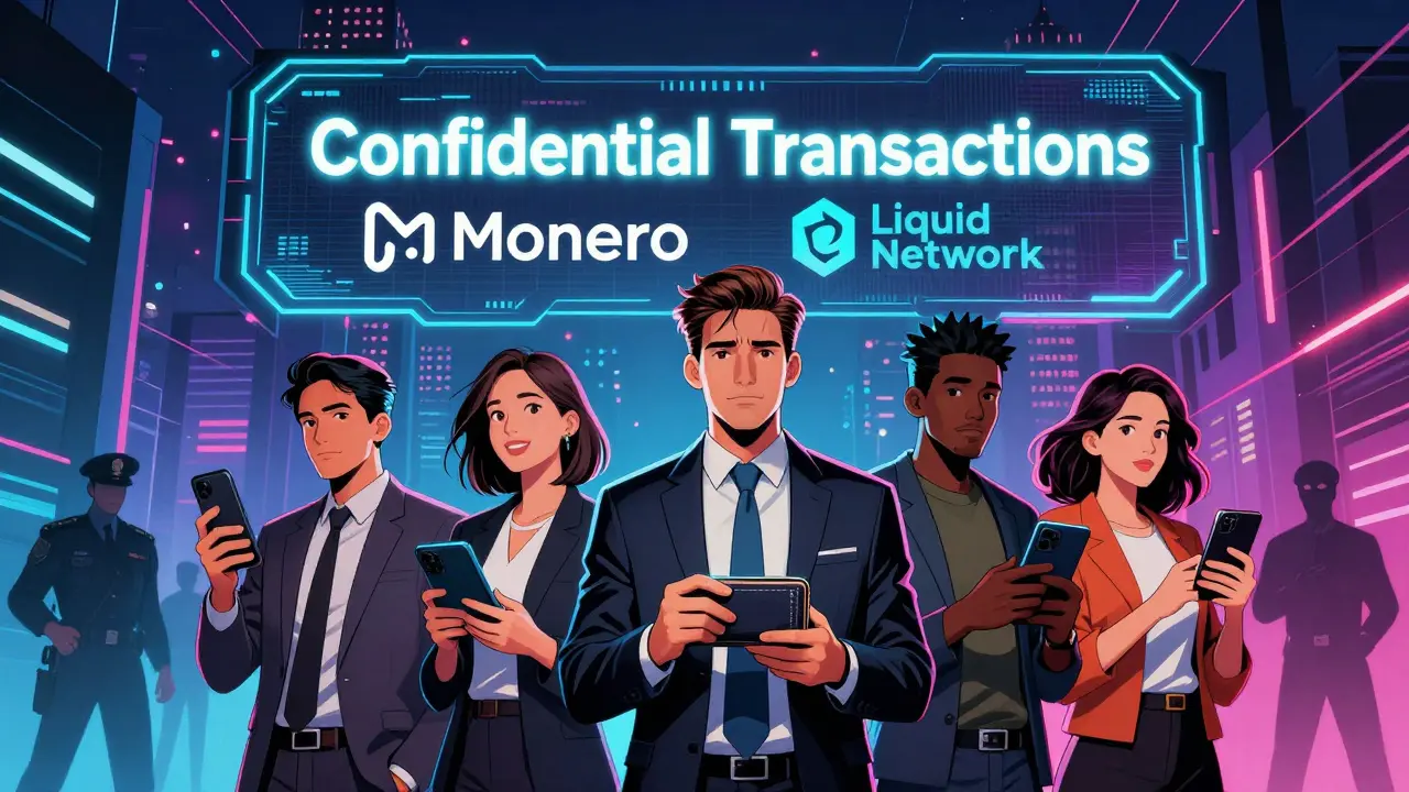 Diverse users holding crypto wallets under a 'Confidential Transactions' banner with Monero and Liquid logos.
