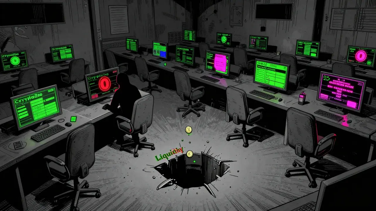 Empty trading floor with multiple CryptoZoo tokens on monitors, one showing zero value, a figure dropping a token into a void.