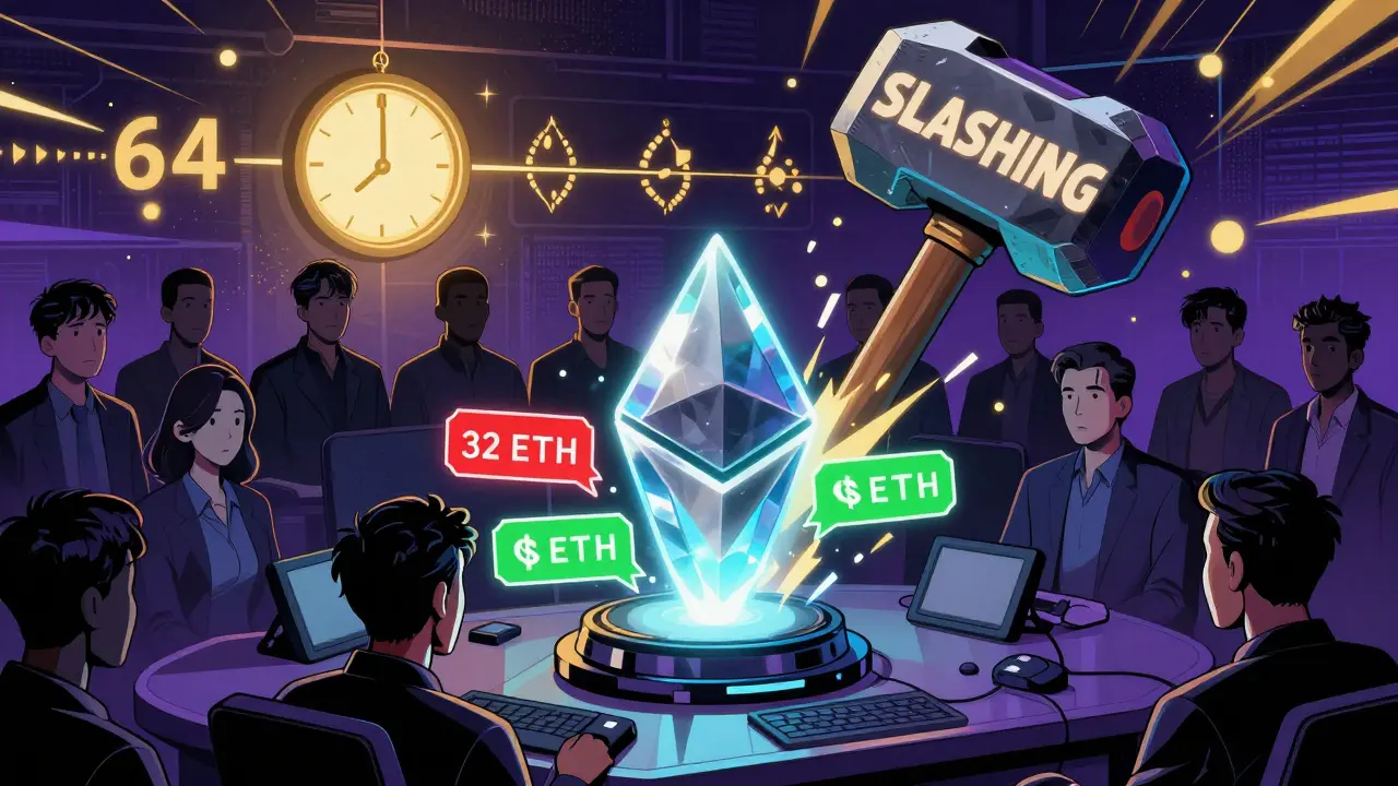 Ethereum validator with a staked ETH crystal and slashing hammer destroying a fraudulent transaction under 64-epoch timer.