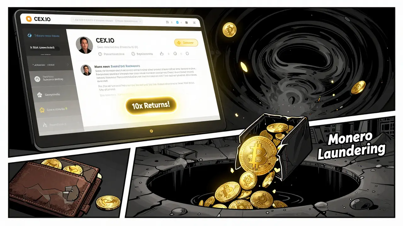 Fake crypto platform interface with money vanishing into a dark vortex.