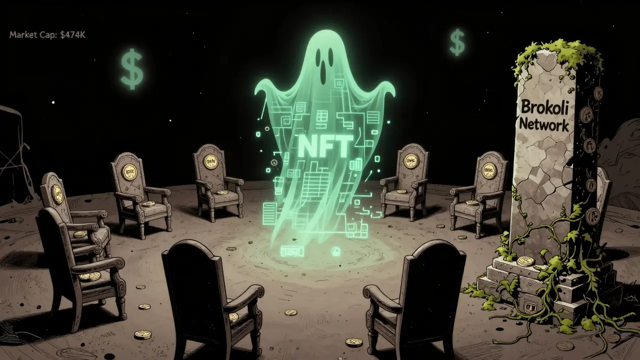 Ghostly DAO chamber with empty thrones made of BRKL tokens, a dissolving game hologram, and a moss-covered monument labeled 'Brokoli Network'.