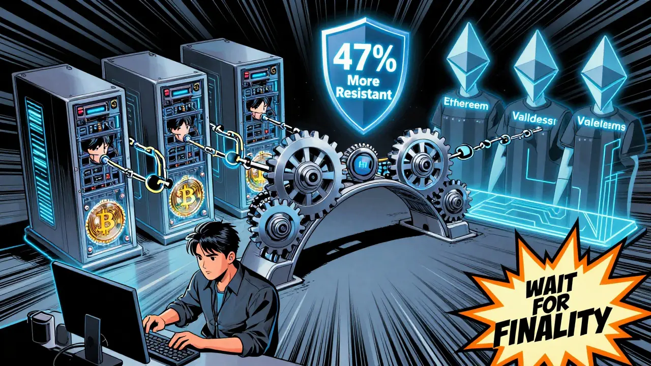 Hybrid blockchain system merging Bitcoin mining and Ethereum staking with a shield labeled '47% More Resistant'.
