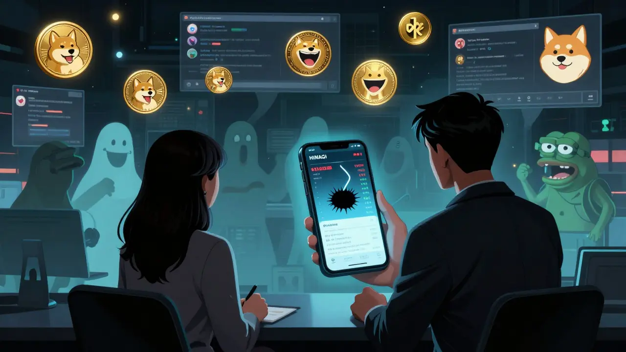 Investor staring at a HINAGI price chart spiraling into a black hole, ghostly meme coins in distance.