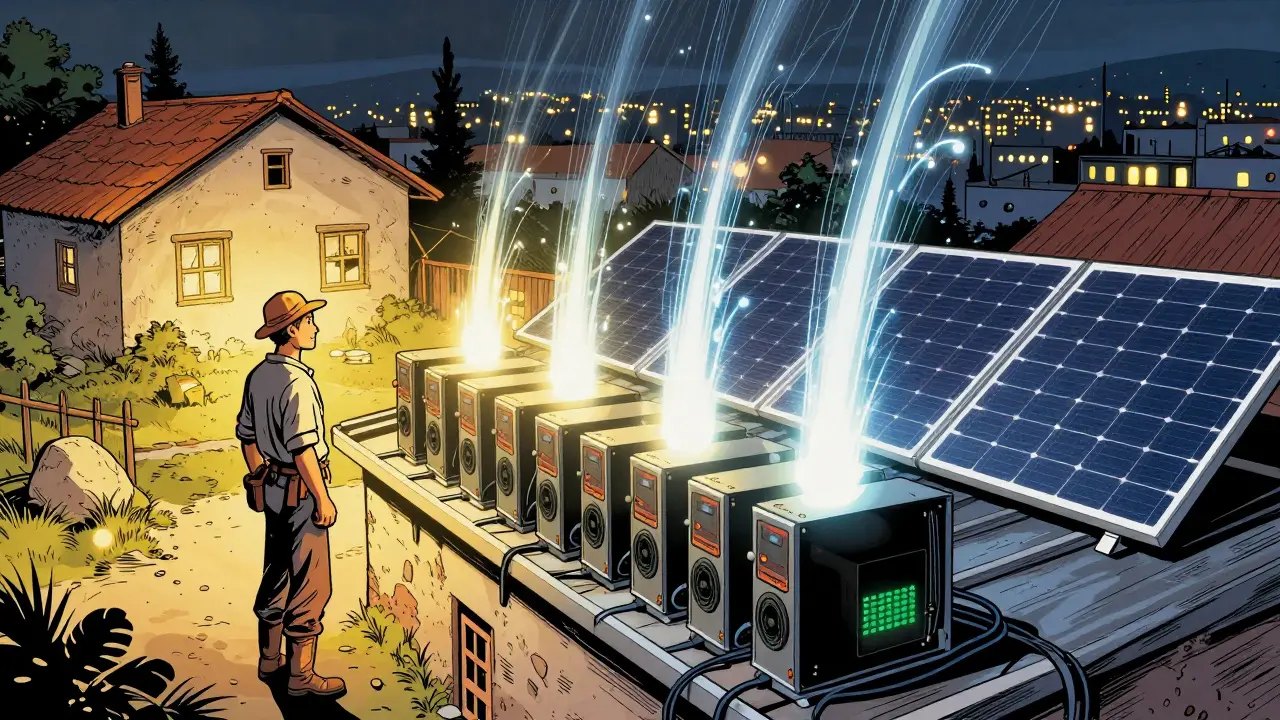 Miner with solar panels powering ASIC rigs on a rooftop, while a darkened city flickers in the distance.