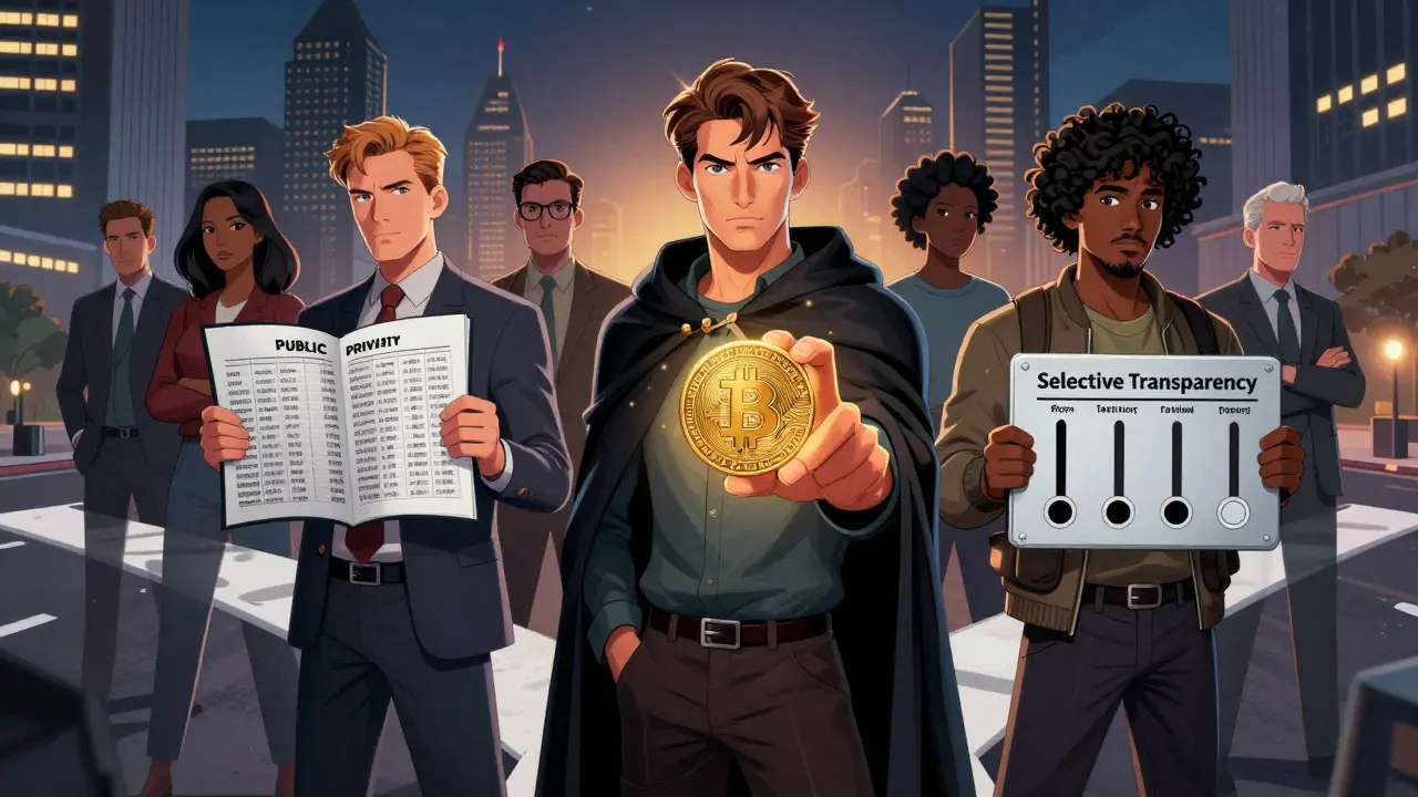 People at a crossroads choosing between full transparency, privacy, or selective data sharing.