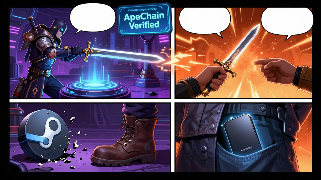 Players trade NFT gear across dimensions in a futuristic hub, with interoperability signs glowing and a hardware wallet safe in a pocket.