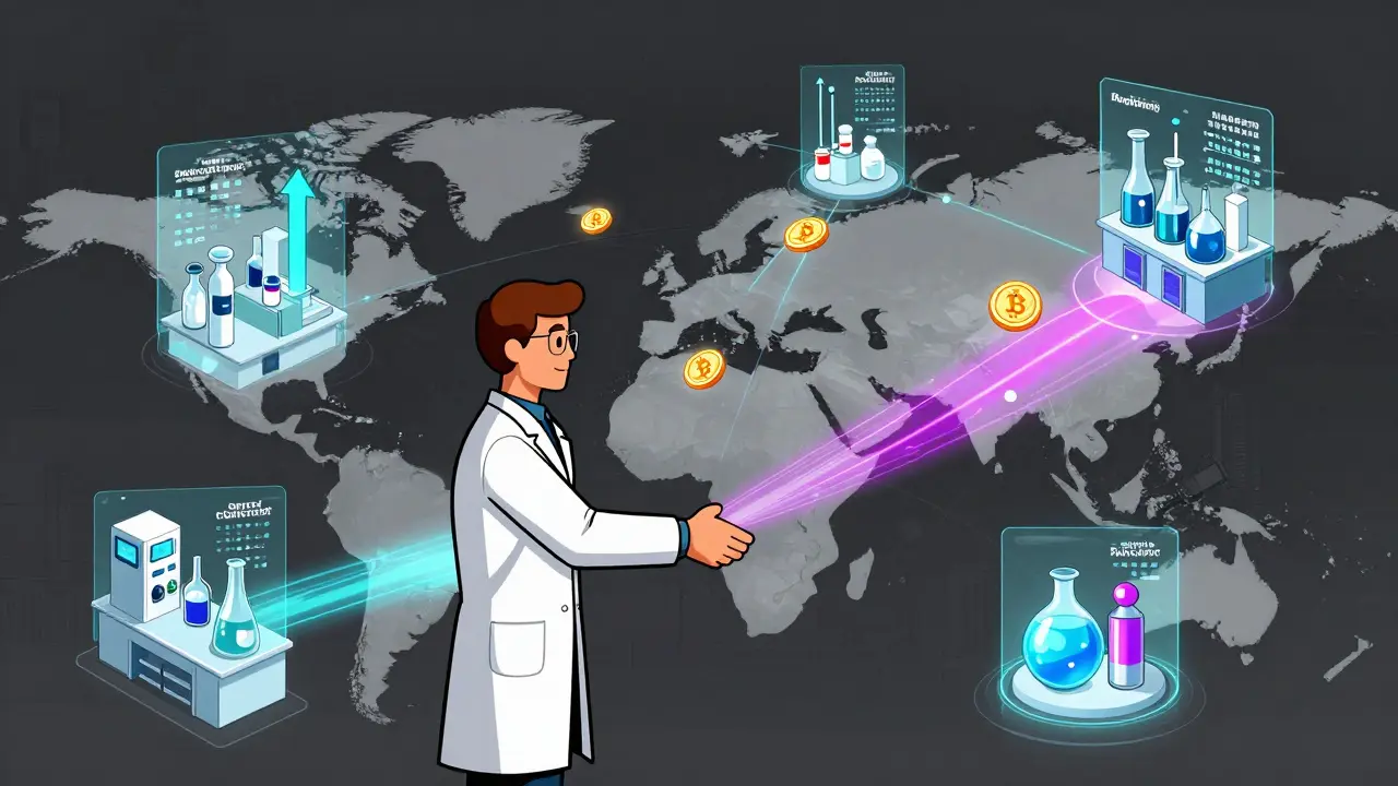 Smart contract connects scientist and factory with instant royalty payments flowing through a global network.
