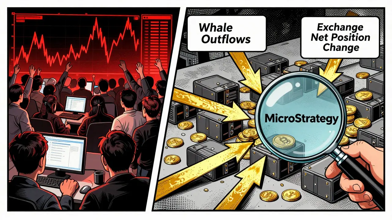 Split scene: chaotic exchange floor versus on-chain view showing whale outflows and labeled wallets.