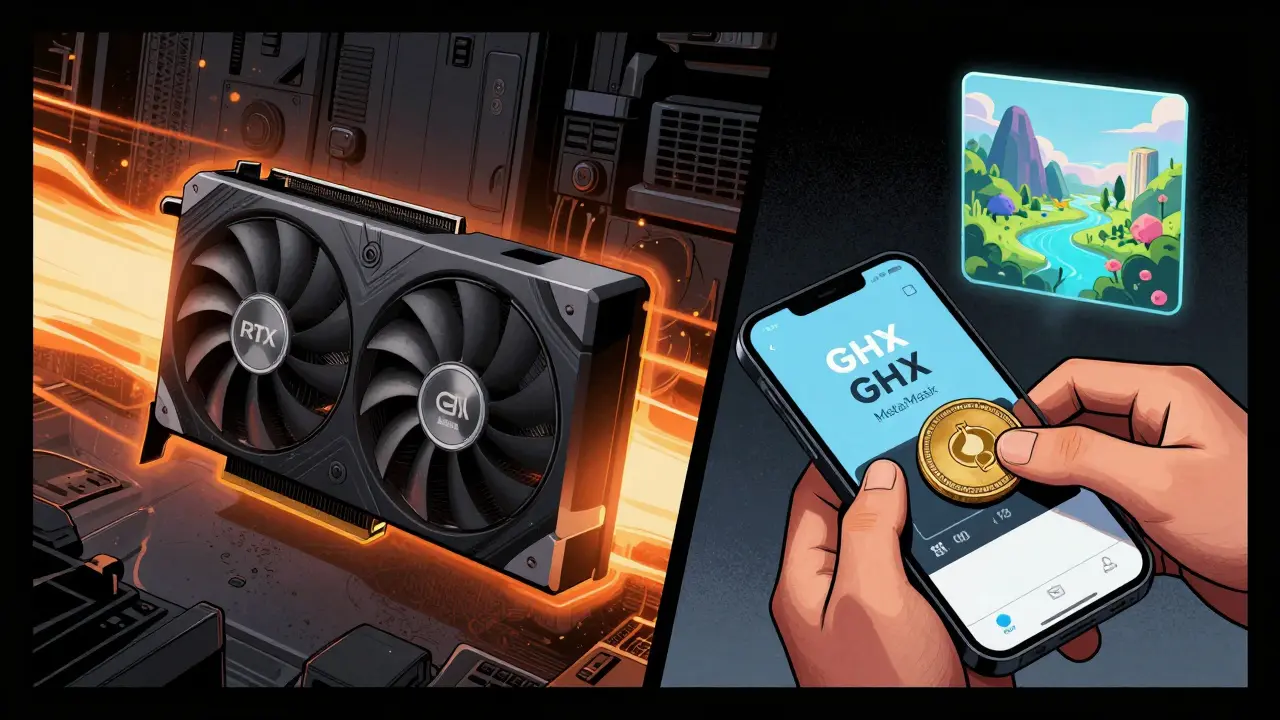 Split scene showing a GPU mining GHX tokens and a user withdrawing them to a crypto wallet on a phone.