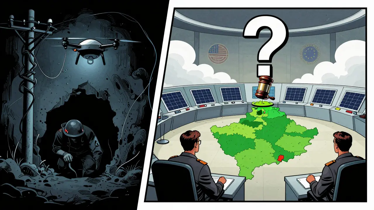 Split scene: underground illegal miner vs. legal solar mining site, with EU and U.S. oversight looming overhead.