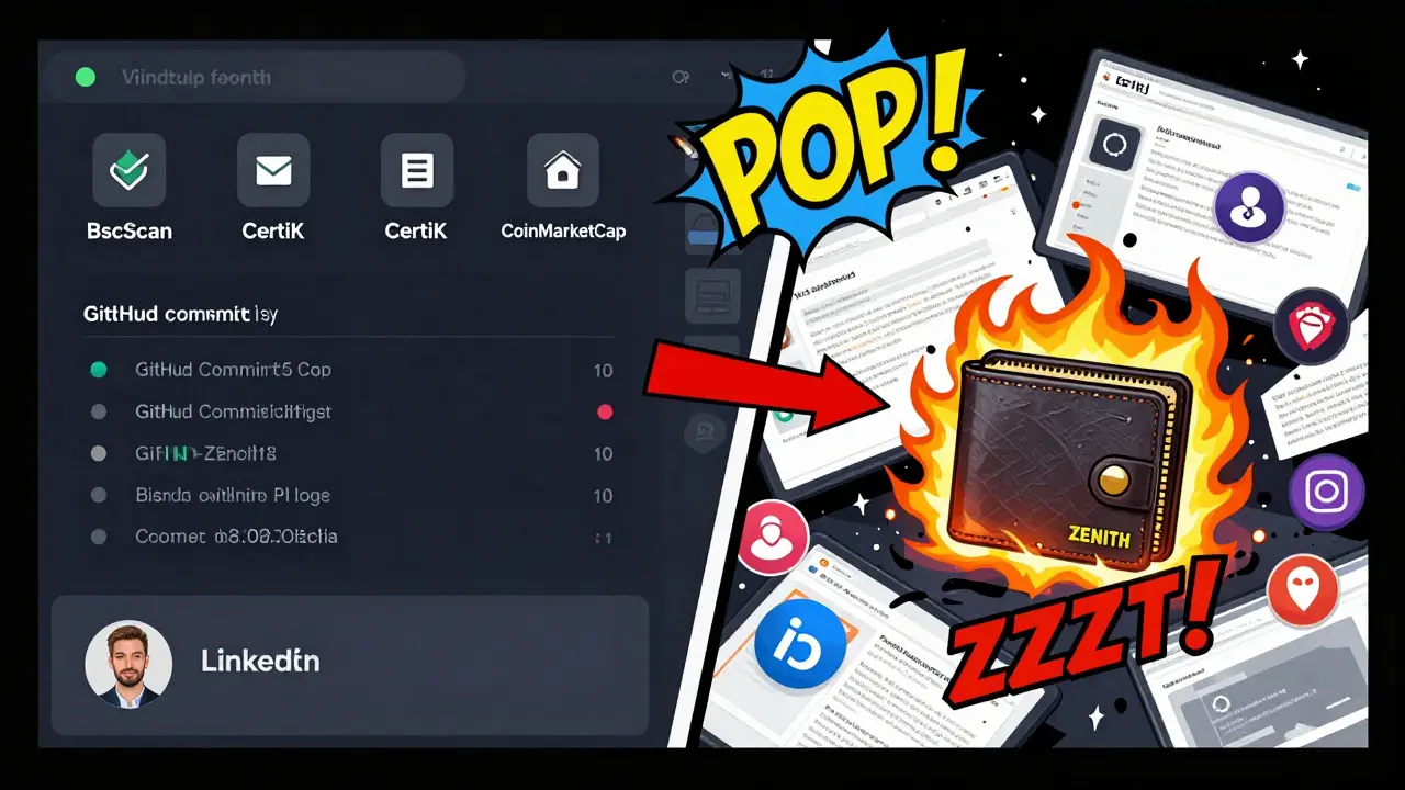Split scene: verified crypto project details on left, chaotic fake airdrop mess on right.