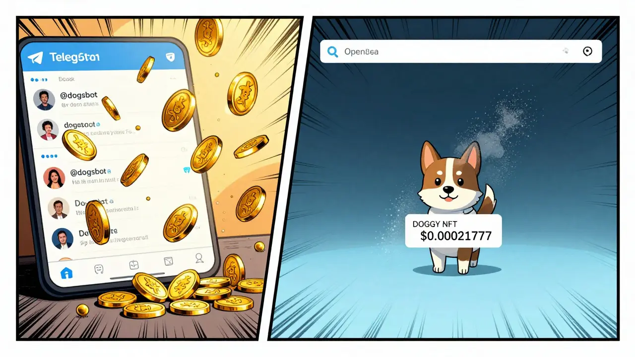 Split scene: vibrant Telegram users claiming DOGS tokens on one side, a frozen DOGGY NFT listing at near-zero value on the other.