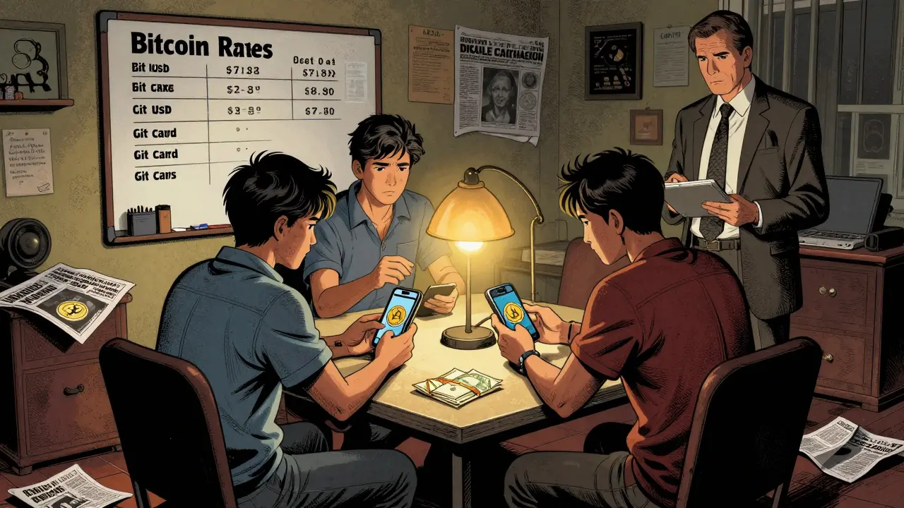 Three Ecuadorians trade crypto using cash and phones in a dimly lit home, rates written on a whiteboard.