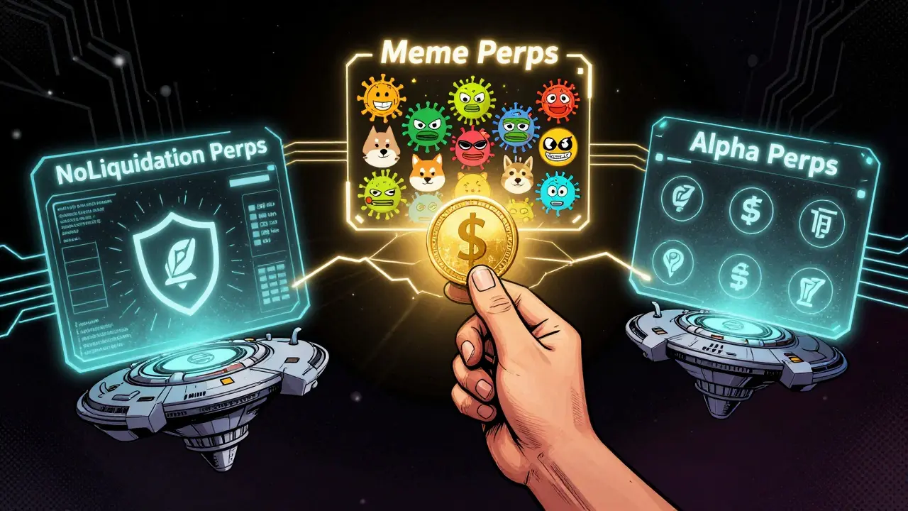 Three holographic trading interfaces—NoLiquidation, Meme, and Alpha Perps—connected by a glowing $SUP token.