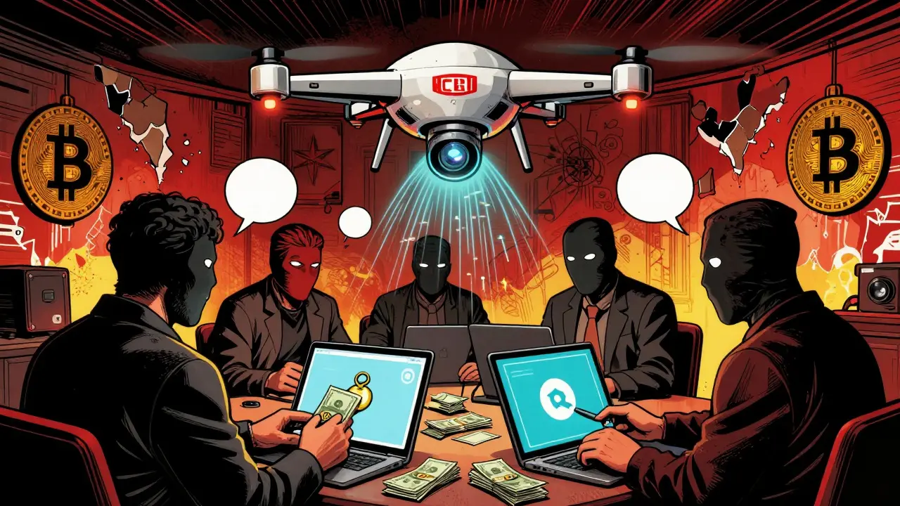Underground traders exchange cash for crypto in Tehran while a CBI surveillance drone scans blockchain activity above.