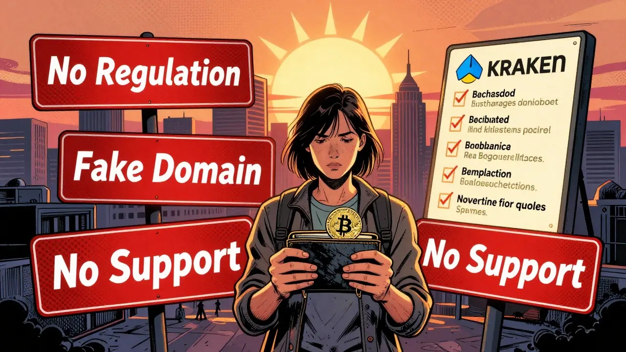 Victim with empty wallet surrounded by scam warnings, real exchanges shining in background.