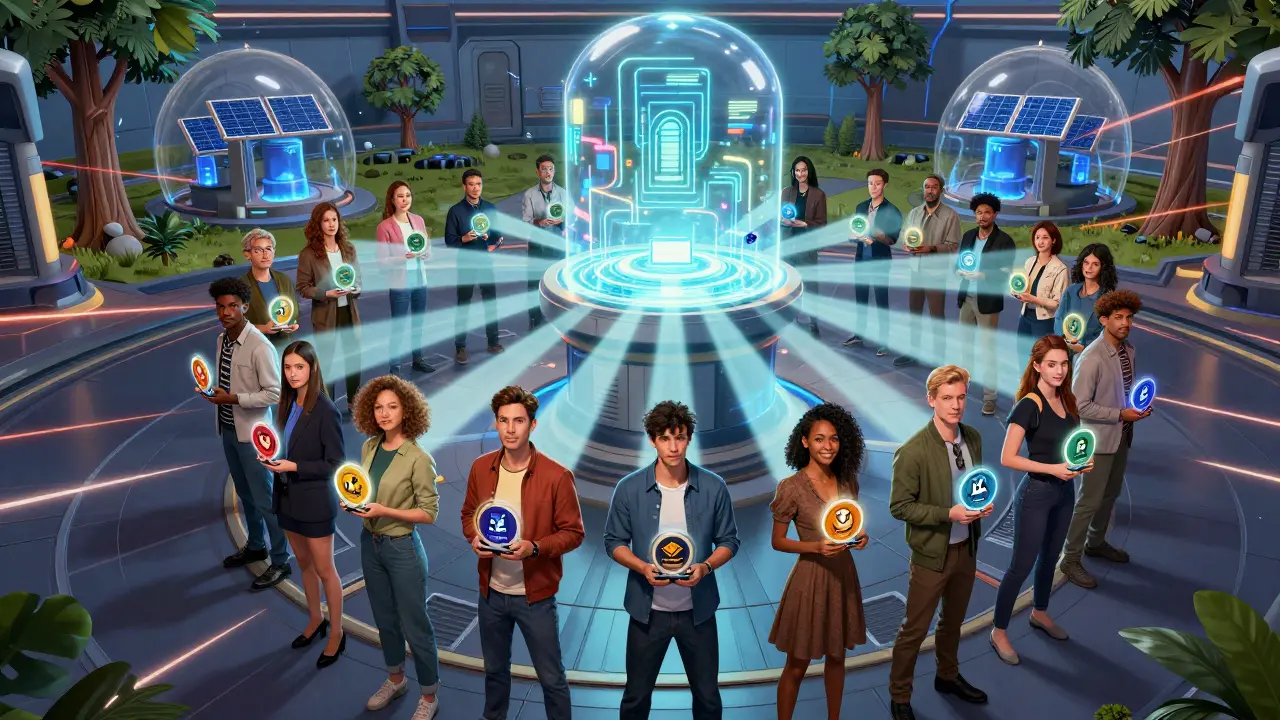 88 people stand in a circle inside a futuristic metaverse clubhouse, each holding an NFT that connects to a central voting chamber.