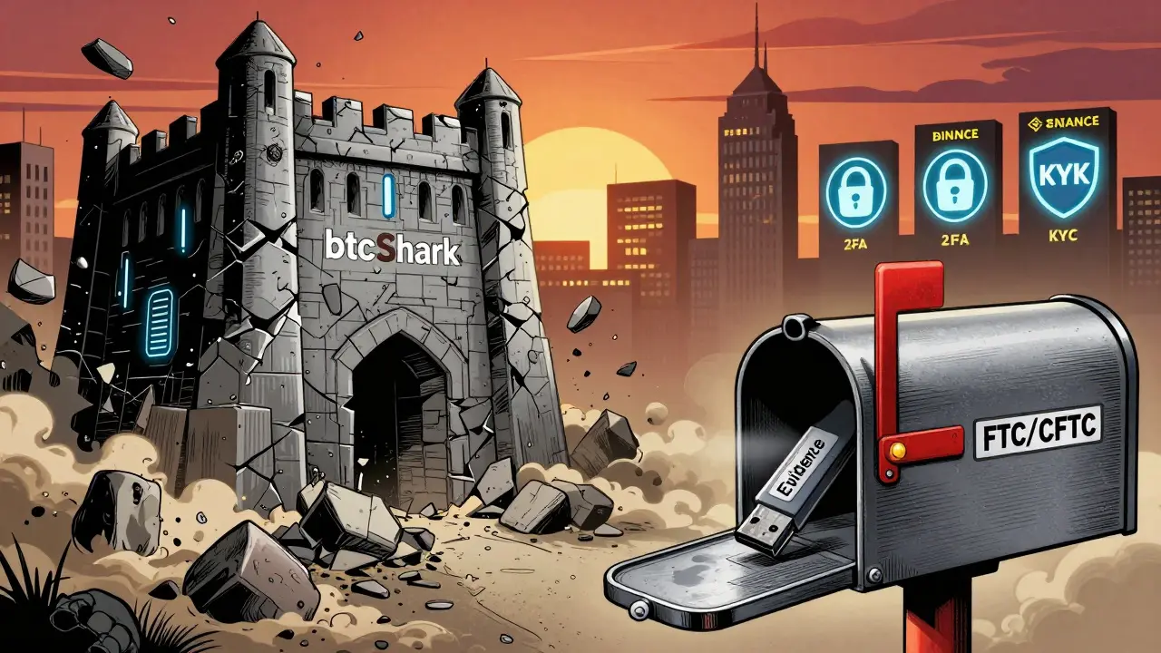 A collapsing btcShark fortress crumbles as evidence is mailed to regulators, while trusted exchanges shine in the distance.