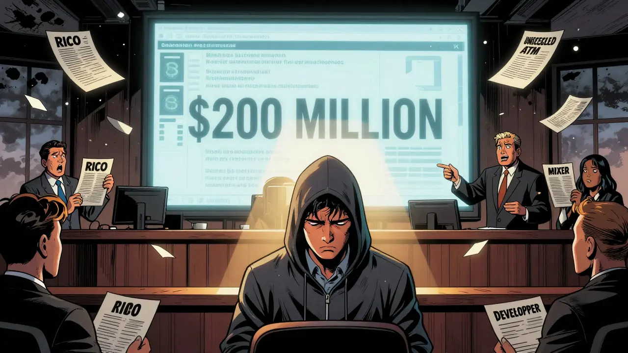 A defendant in court as a giant screen shows millions in crypto moving through laundering networks.