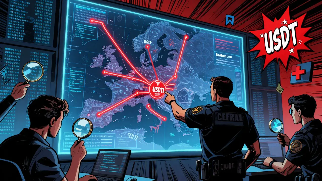 A federal agent analyzing a massive digital map of crypto money flows across international exchanges.