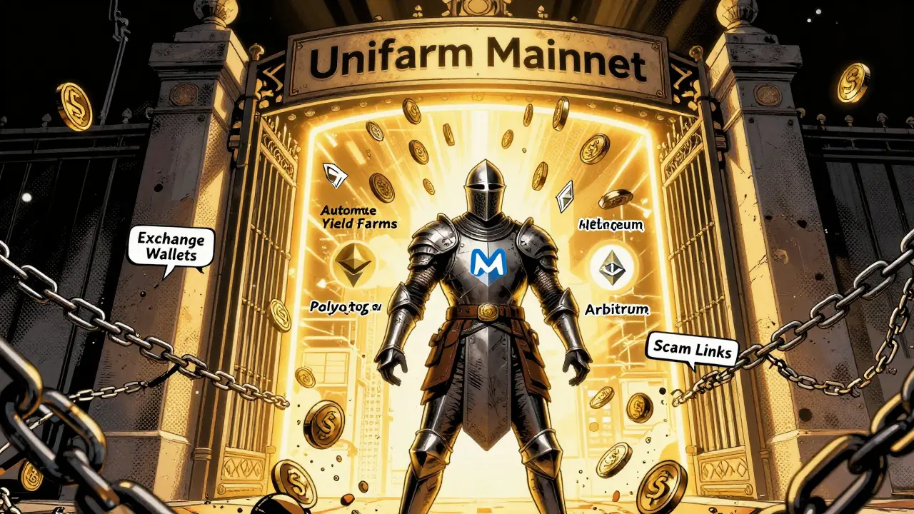 A knight-like wallet breaking chains to enter a portal of automated DeFi farms under golden light.