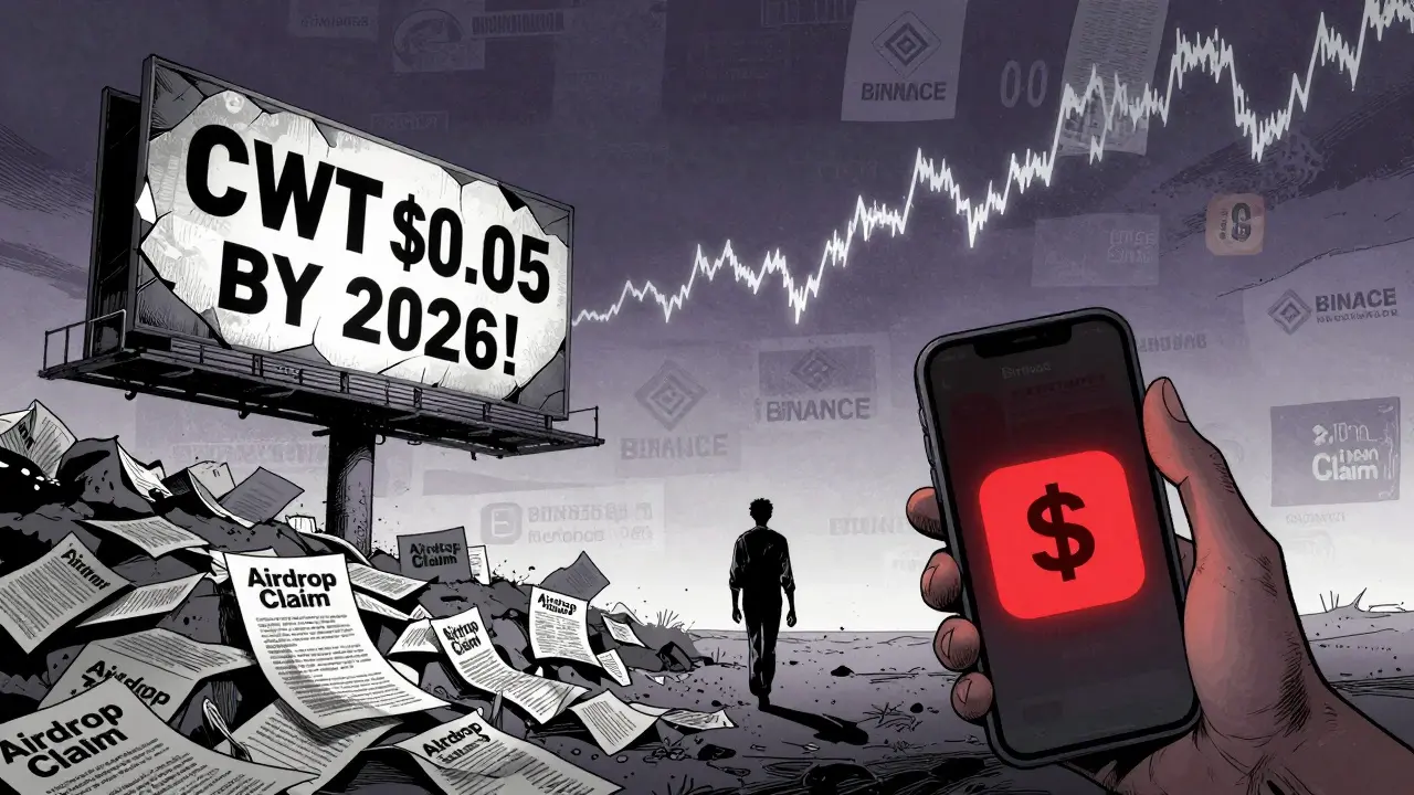 A lone figure walks away from discarded airdrop flyers in a crumbling crypto landscape with crashing price charts.