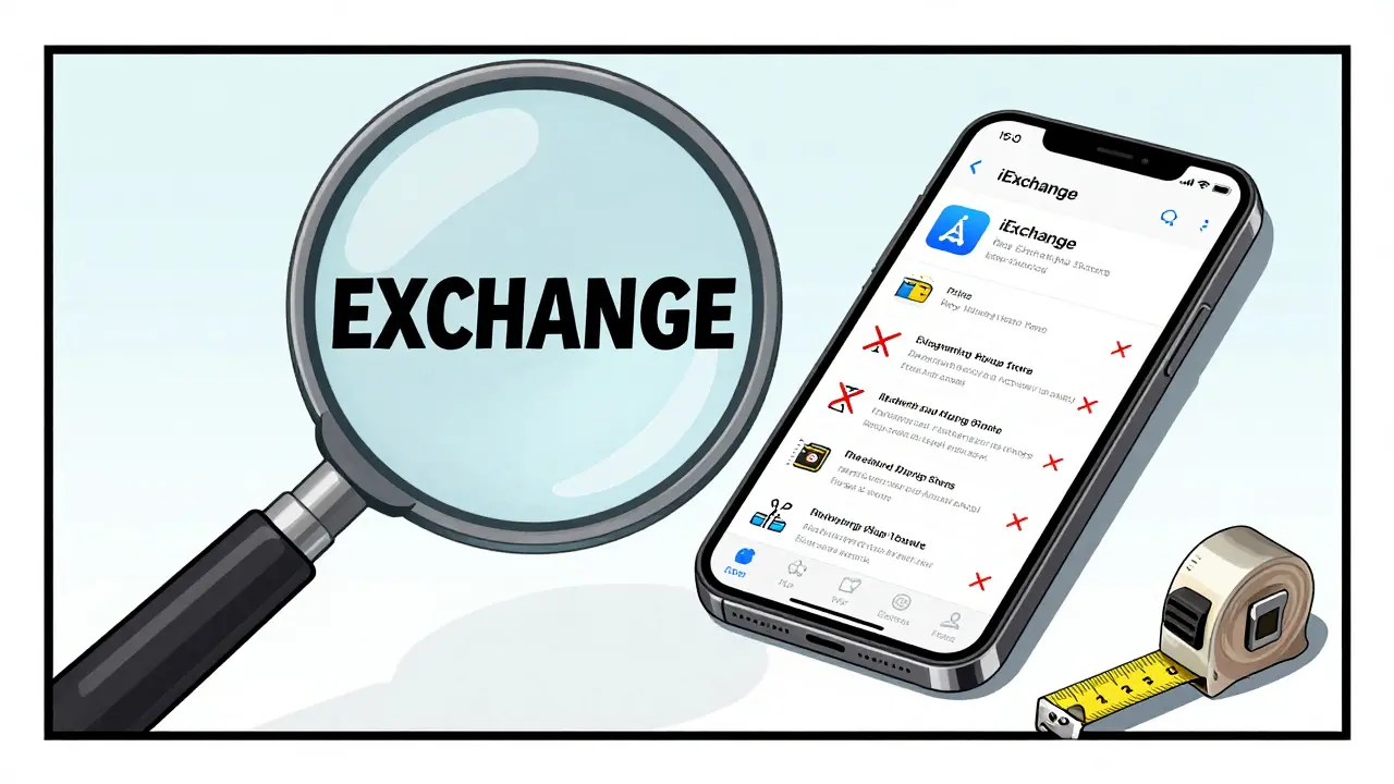 A magnifying glass reveals misleading app details with crossed-out trading features.
