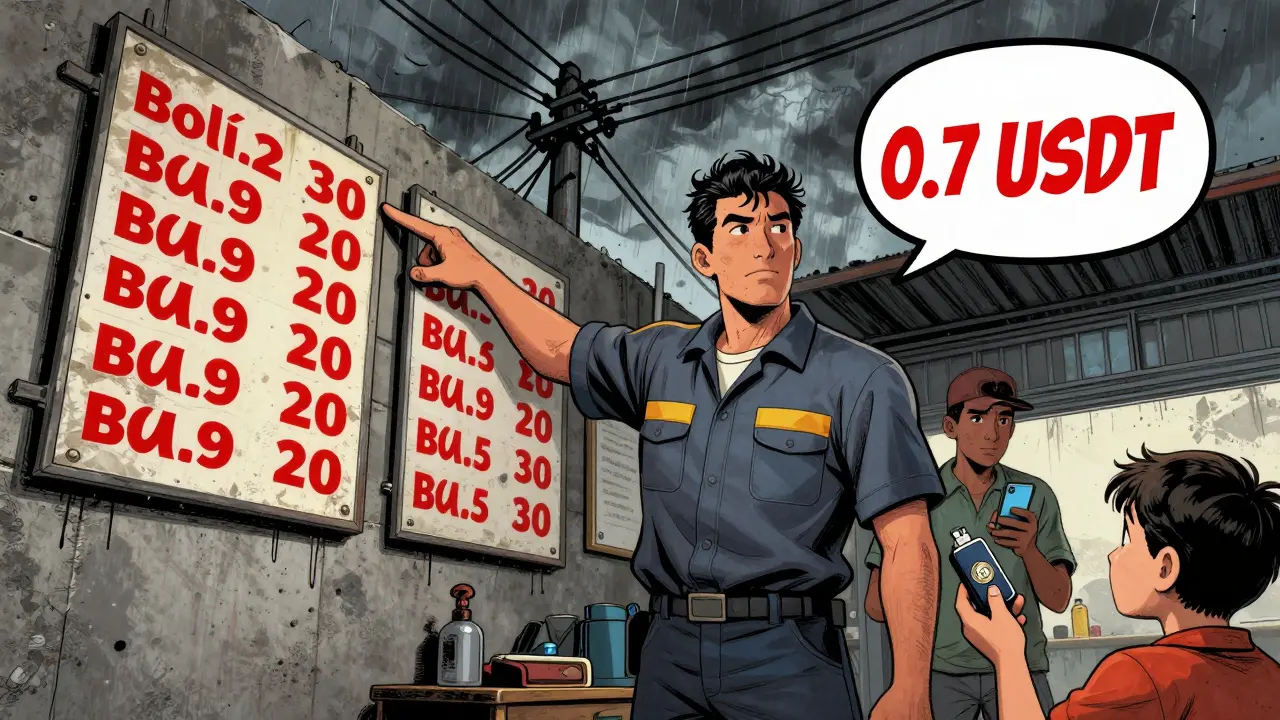 A mechanic displays prices in both collapsed bolívares and stable USDT, customers paying with phones.