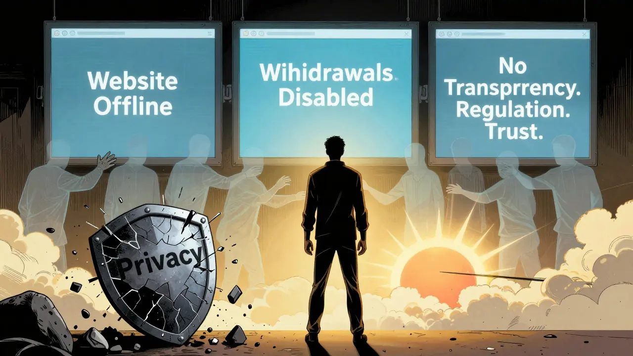 A person facing shattered privacy claims as ghostly users reach out, with light breaking through symbols of trust.