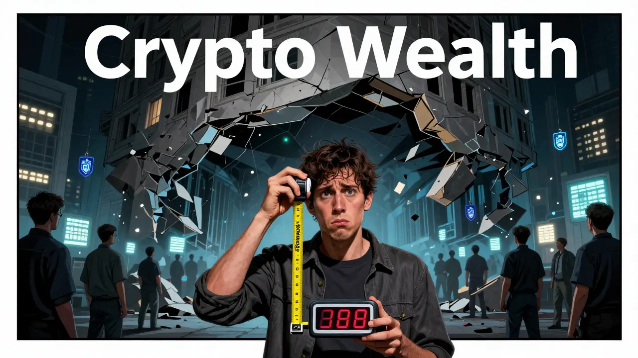 A person holds a tape measure under a collapsing 'Crypto Wealth' building as real exchanges shine nearby.