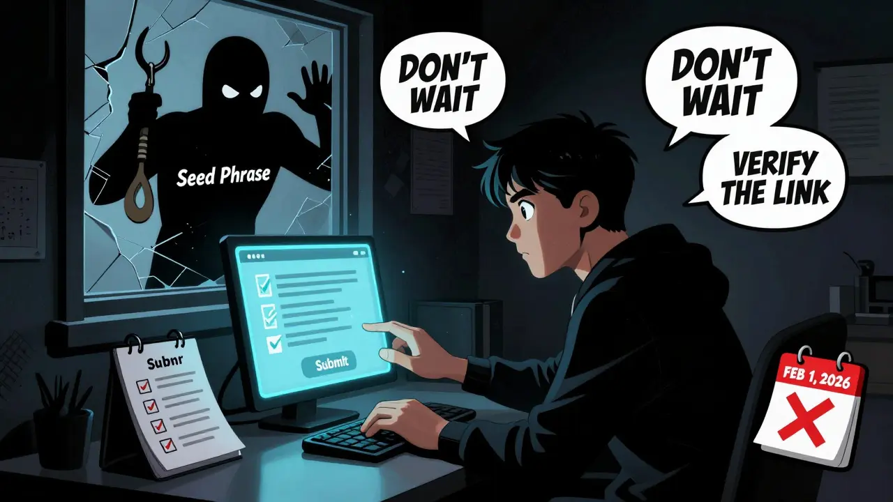 A person submitting an airdrop form at night while a shadowy scammer tries to steal their seed phrase.