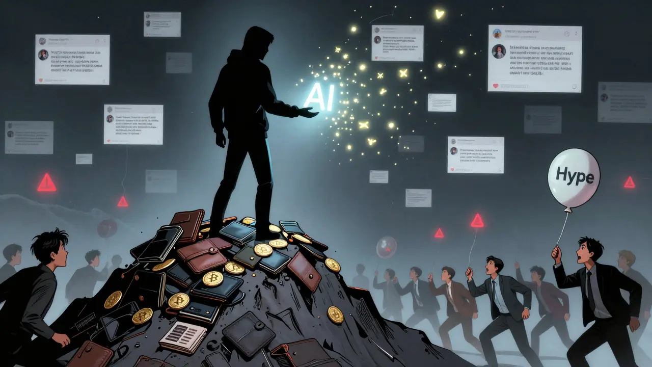 A shadowy figure uses an AI algorithm to scan social media posts while investors chase a fading meme balloon.