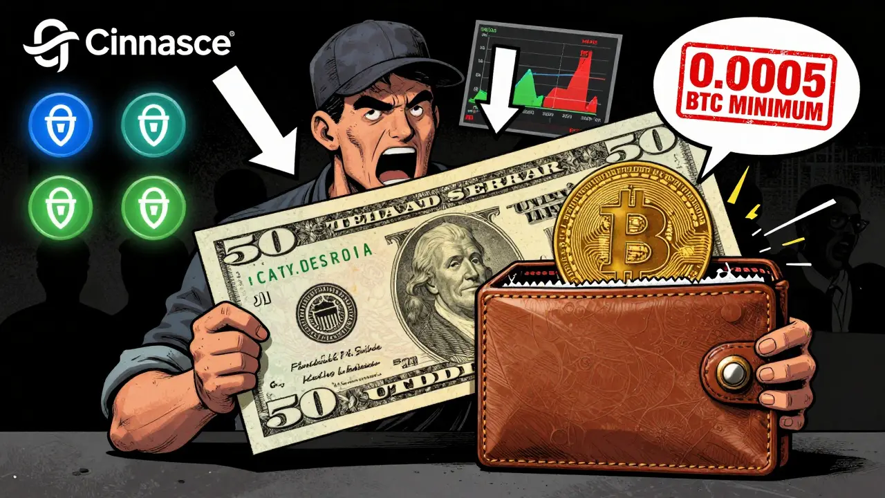 A small trader overwhelmed by a massive flat fee tag, surrounded by falling price charts and secure exchange logos.